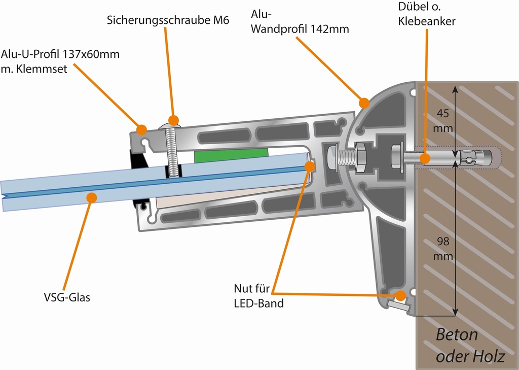 Freitragendes Glasvordach Set Mariza inkl. VSG/Glas 1500mm x 1000mm (Kopie)