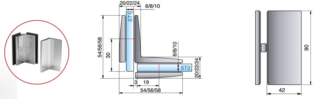 Winkelverbinder Glas-Glas 90° / verdeckte Verschraubung mit Abdeckkappe mattverchromt für Glasstärke 6/8/10mm