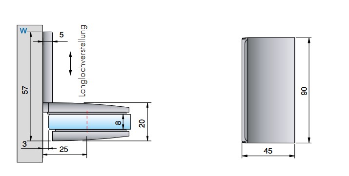 Winkelverbinder Glas-Wand 90° / Wandbefestigung mit Langlochverstellung, mit Abdeckplatte Edelstahloptik für Glasstärke 6/8/10mm  Tragfähigkeit bei 2 Bänder 40kg