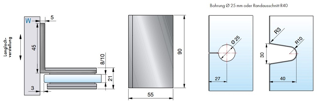 Winkelverbinder Pontere Glas Wand 90° starr Langlochverstellung
Edelstahloptik für Glasstärke 8/10mm Tragfähigkeit bei 2 Bänder 50kg