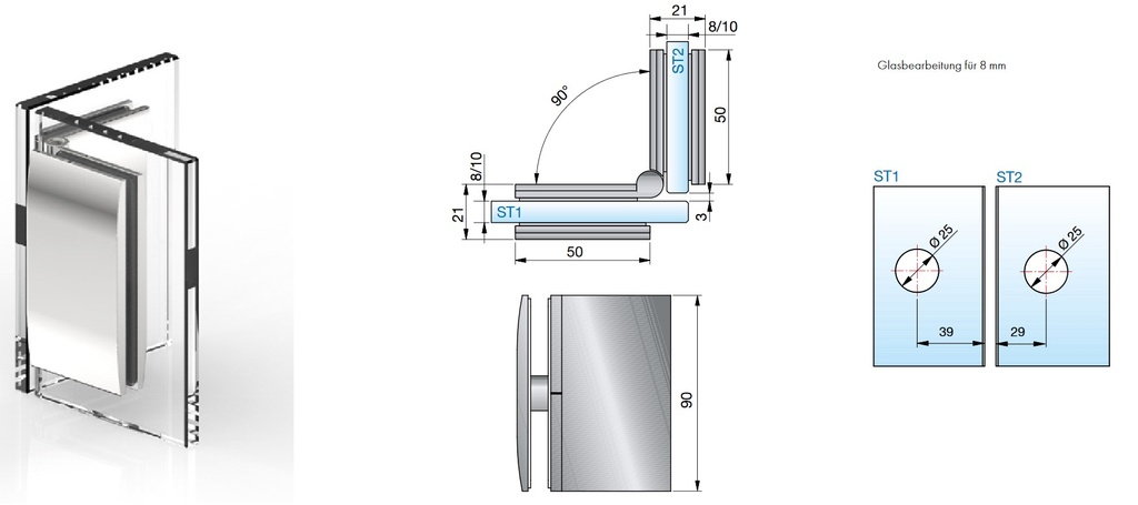 Winkelverbinder Pontere Glas-Glas 90° / Winkelgradzahl stufenlos von 80°-180° verstellbar Edelstahloptik für Glasstärke 8/10mm Tragfähigkeit bei 2 Bänder 50kg