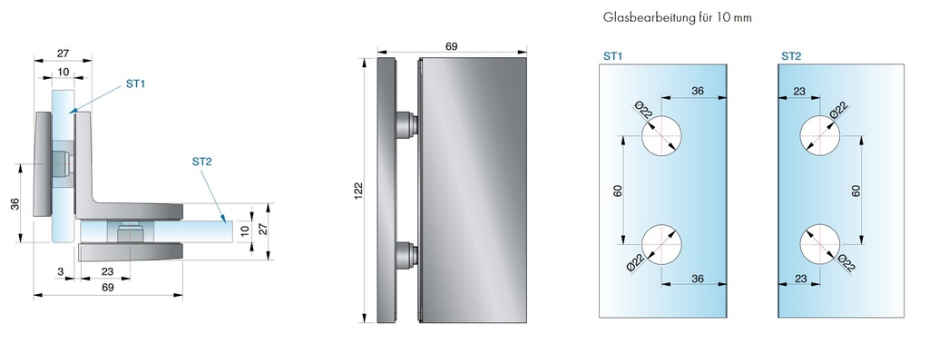 Winkelverbinder TURA Glas-Glas 90° Edelstahloptik
Glasstärke 8/10/12mm Tragfähigkeit bei 2 Bänder max. 70kg