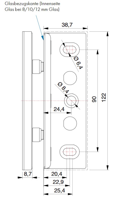 Winkelverbinder TURA Glas-Wand 90° Edelstahloptik
Verdeckte Verschraubungen, Wandbefestigung mit Langlochverstellung
Glasstärke 8/10/12mm Tragfähigkeit bei 2 Bänder max. 70kg