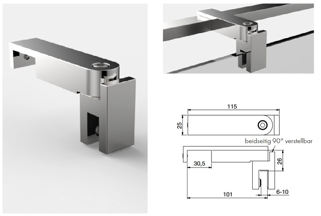 T-Stück Edelstahloptik
Glasstärke 6mm bis 10mm
(T-Stück für verstellbare Stabilisationsstangen Edelstahloptik)