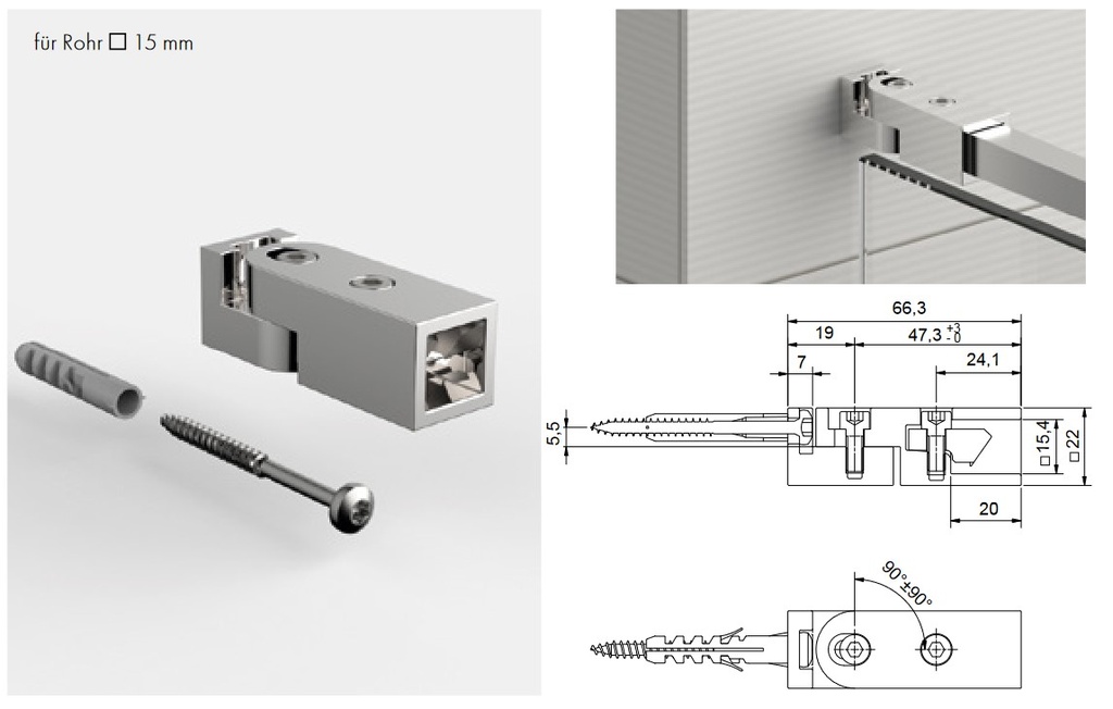 Wandanschluss für Stabilisationsstange Eckig +/- 90° verstellbar glanzverchromt