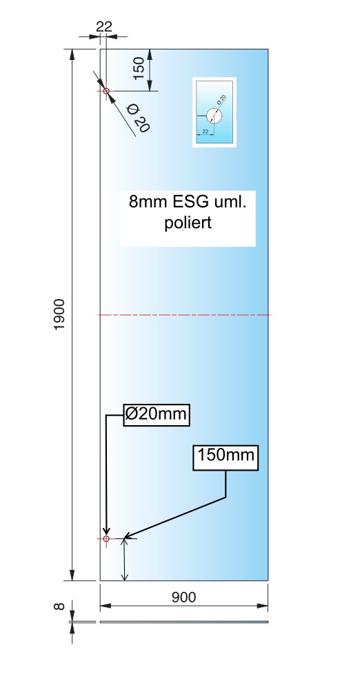 Raumaufteiler fest montiert, glanzverchromt inkl. ESG Glas 900mm x 1900mm