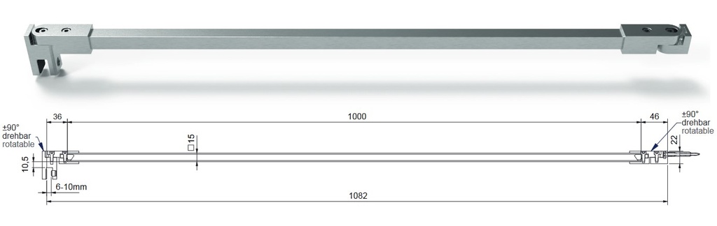 Stabilisationstange Eckig Glas -Wand glanzverchromt
Glasstärke 6mm bis 10mm
(Glashalter +/- 90° drehbar)