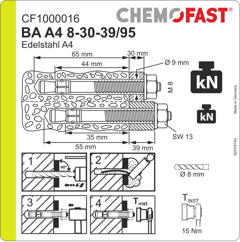 Bolzenanker BA Edelstahl A4 M8x95 Paket 100 Stück